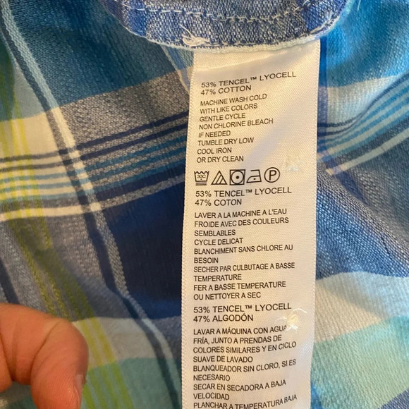 Tommy Bahama Large Preppy Blue Beach Coastal Cotton Tencel Button EUC Plaid - Picture 7 of 9